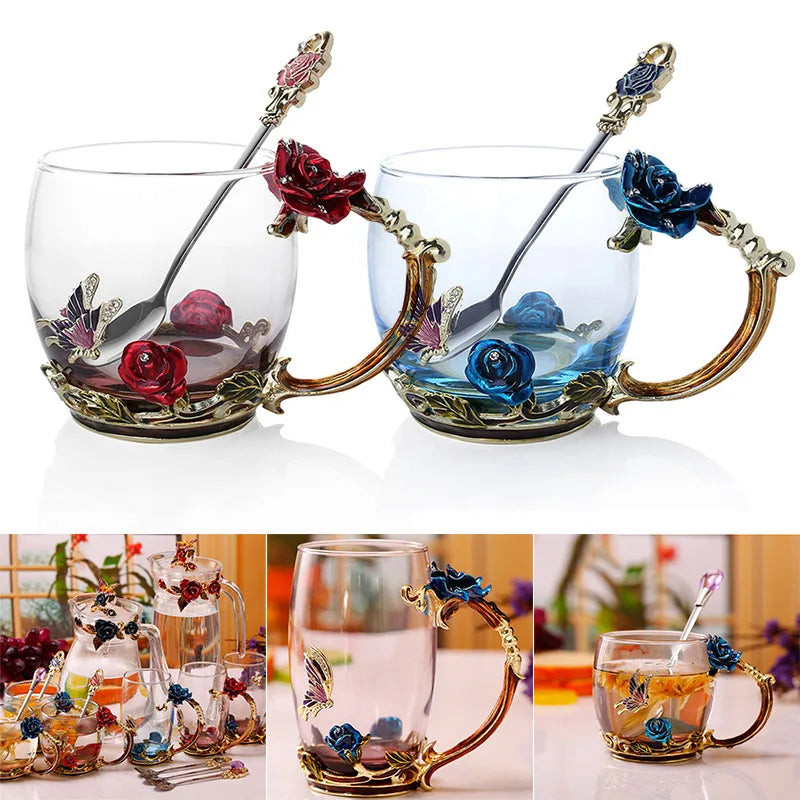 Stornfield | Handmade Enamel Coffee Mugs Rose-Glass Teacup with Stainless Spoon Unique Luxury Gifts for Wedding Valentine's Day Birthday Gifts