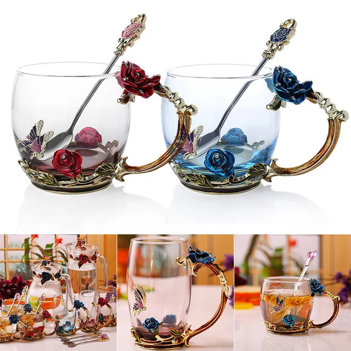 Stornfield | Handmade Enamel Coffee Mugs Rose-Glass Teacup with Stainless Spoon Unique Luxury Gifts for Wedding Valentine's Day Birthday Gifts