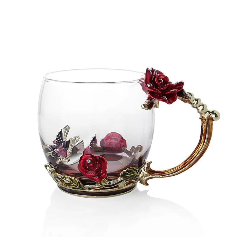 Stornfield | Handmade Enamel Coffee Mugs Rose-Glass Teacup with Stainless Spoon Unique Luxury Gifts for Wedding Valentine's Day Birthday Gifts