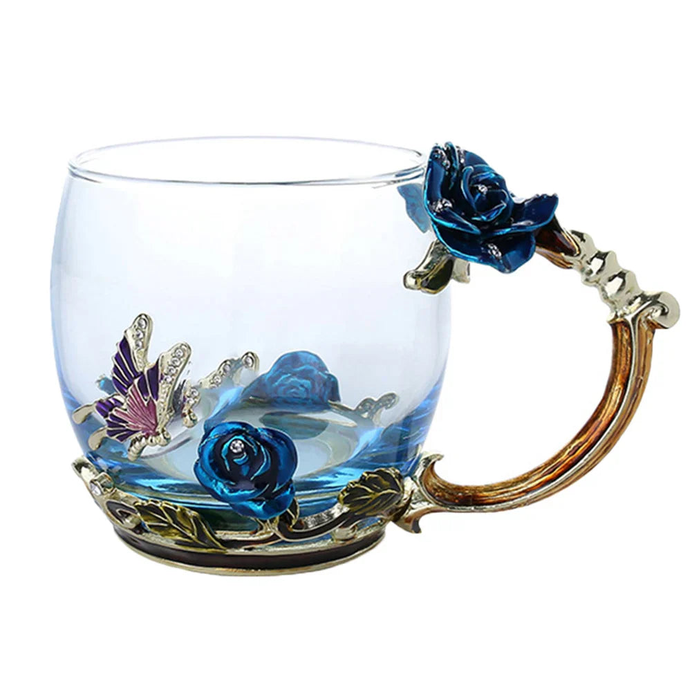 Stornfield | Handmade Enamel Coffee Mugs Rose-Glass Teacup with Stainless Spoon Unique Luxury Gifts for Wedding Valentine's Day Birthday Gifts