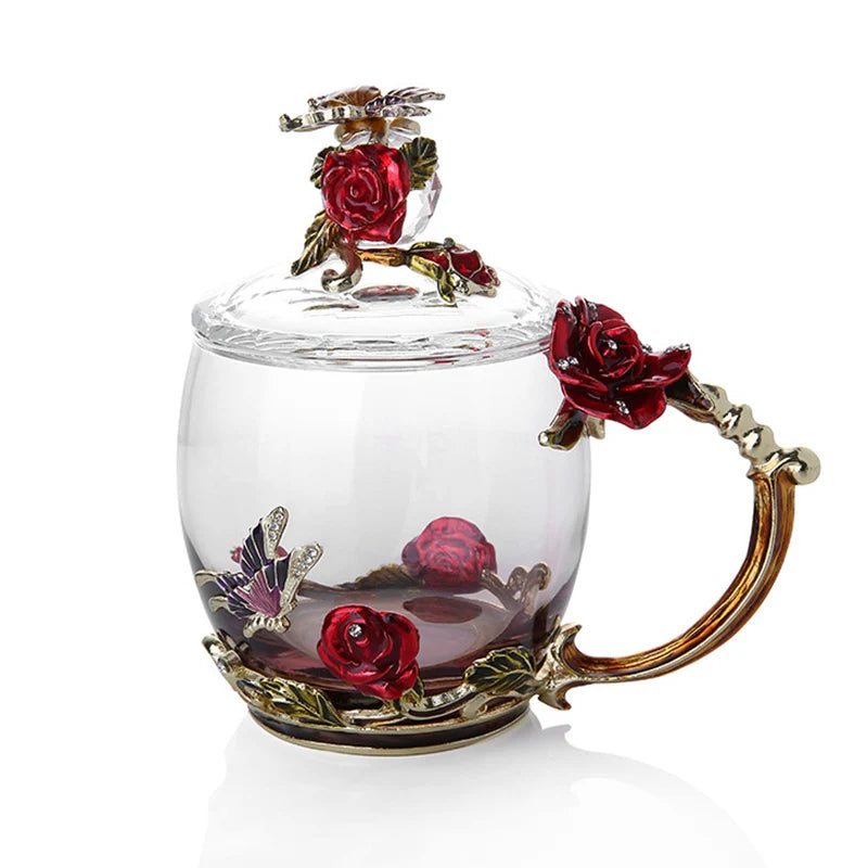 Stornfield | Handmade Enamel Coffee Mugs Rose-Glass Teacup with Stainless Spoon Unique Luxury Gifts for Wedding Valentine's Day Birthday Gifts
