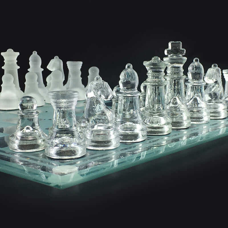 Glass Chess Set | Frosted Crystal Pieces with Chessboard