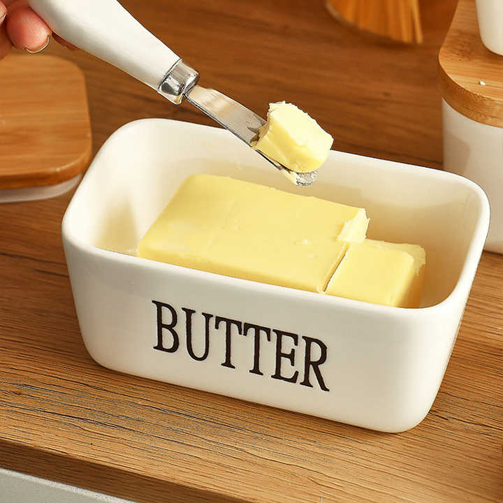 Stornfield | Rectangular Ceramic Butter Dish Sealed Storage Container Western Cheese Crock Butter Glass for Storage for Restaurant 15x8.5 cm