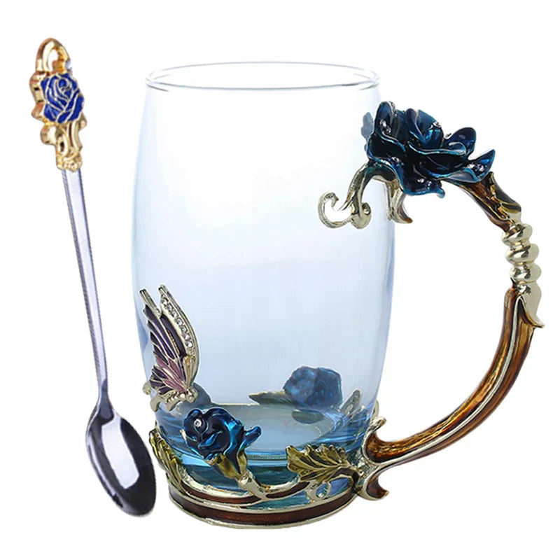 Stornfield | Handmade Enamel Coffee Mugs Rose-Glass Teacup with Stainless Spoon Unique Luxury Gifts for Wedding Valentine's Day Birthday Gifts