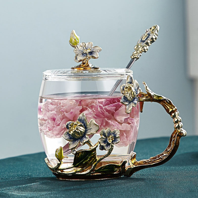 Stornfield | Hand-painted Enamel Flower Glass Mug for a Couple's Love Gift, can be used for coffee, scented tea, or even lemonade.