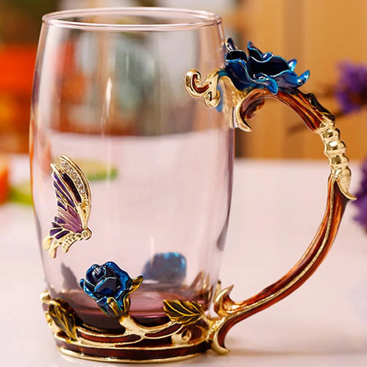 Stornfield | Handmade Enamel Coffee Mugs Rose-Glass Teacup with Stainless Spoon Unique Luxury Gifts for Wedding Valentine's Day Birthday Gifts