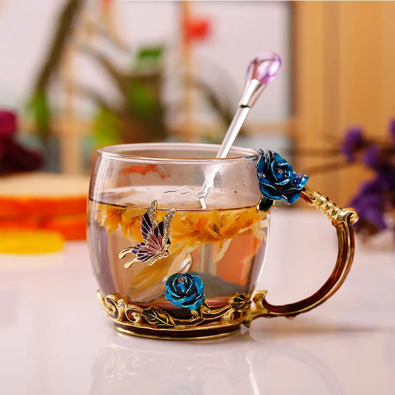 Stornfield | Handmade Enamel Coffee Mugs Rose-Glass Teacup with Stainless Spoon Unique Luxury Gifts for Wedding Valentine's Day Birthday Gifts