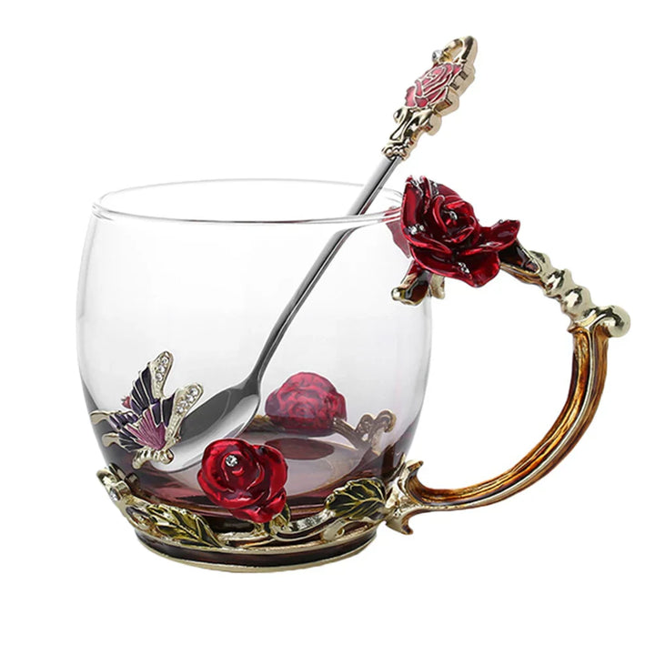 Stornfield | Handmade Enamel Coffee Mugs Rose-Glass Teacup with Stainless Spoon Unique Luxury Gifts for Wedding Valentine's Day Birthday Gifts