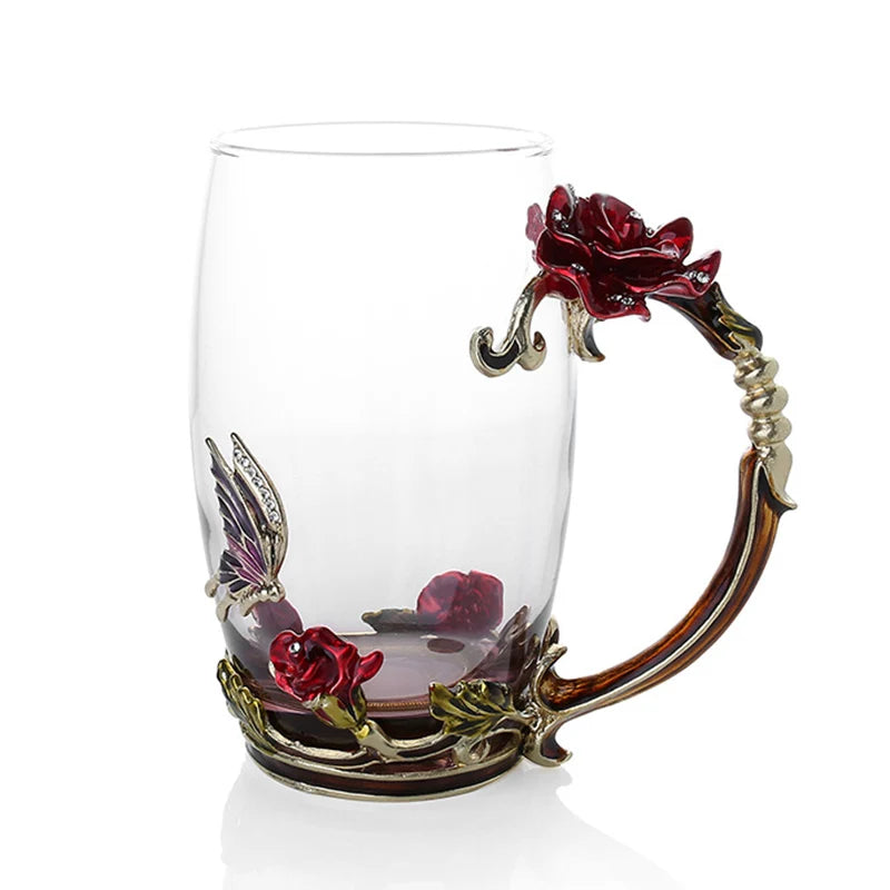 Stornfield | Handmade Enamel Coffee Mugs Rose-Glass Teacup with Stainless Spoon Unique Luxury Gifts for Wedding Valentine's Day Birthday Gifts