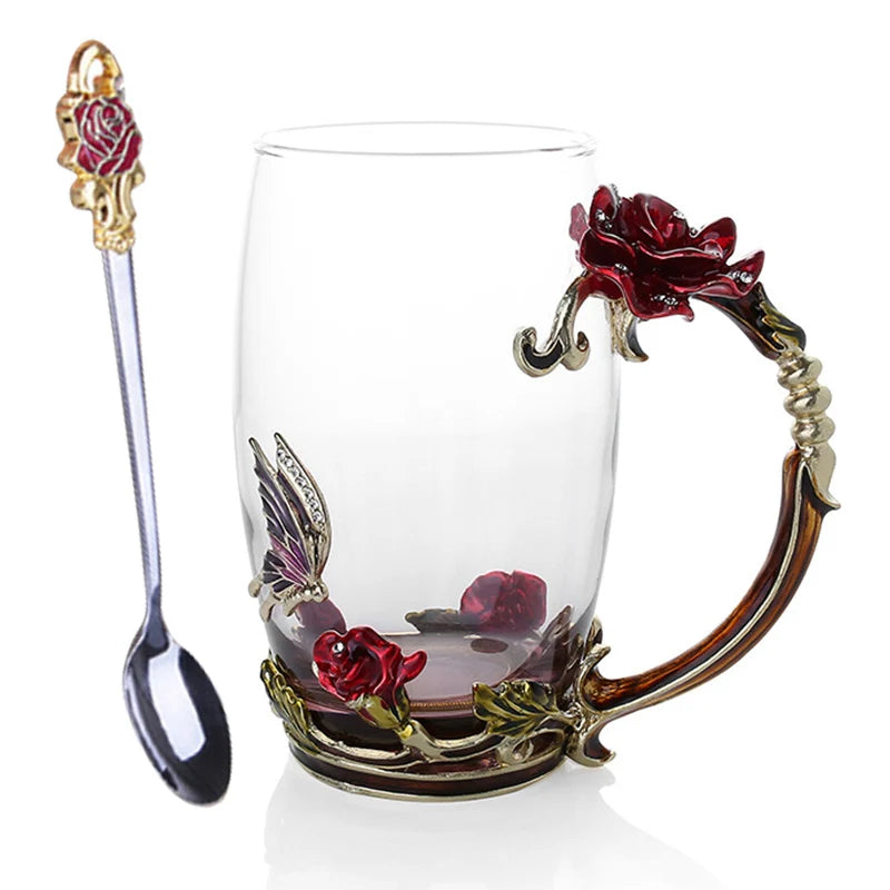 Stornfield | Handmade Enamel Coffee Mugs Rose-Glass Teacup with Stainless Spoon Unique Luxury Gifts for Wedding Valentine's Day Birthday Gifts