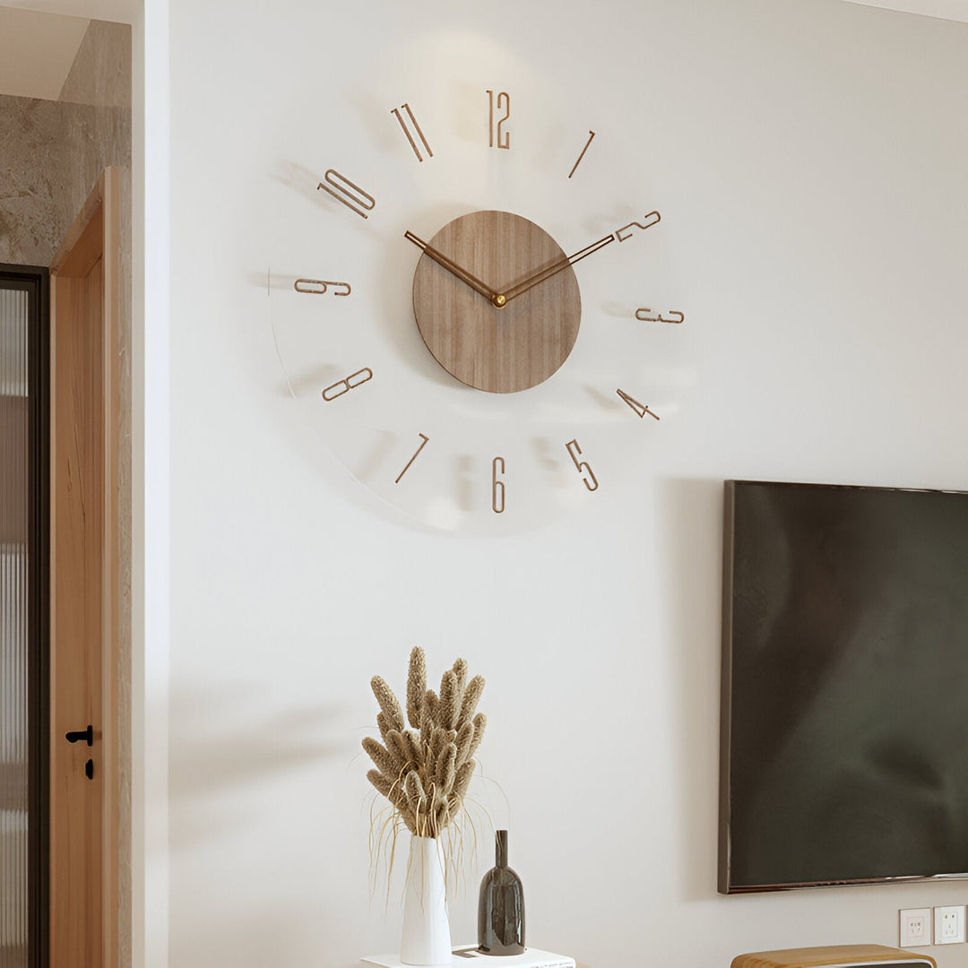 ClearWood Transparent Wall Clock – Silent Quartz with Wooden Details | Stornfield