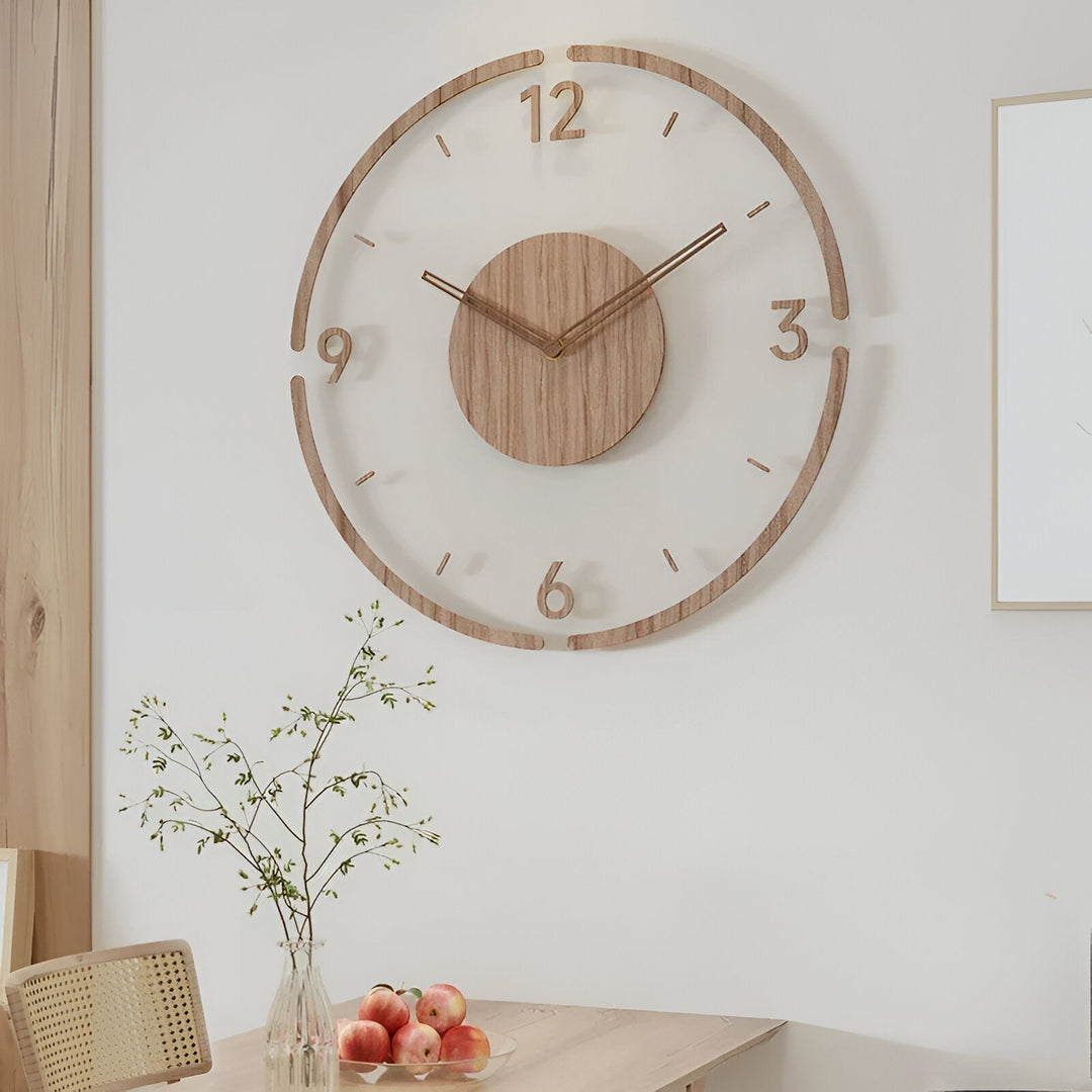 ClearWood Transparent Wall Clock – Silent Quartz with Wooden Details | Stornfield