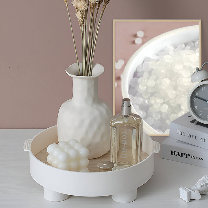 Stornfield | Round Serving Tray - Decorative Wooden Tray - White Ceramic Tray