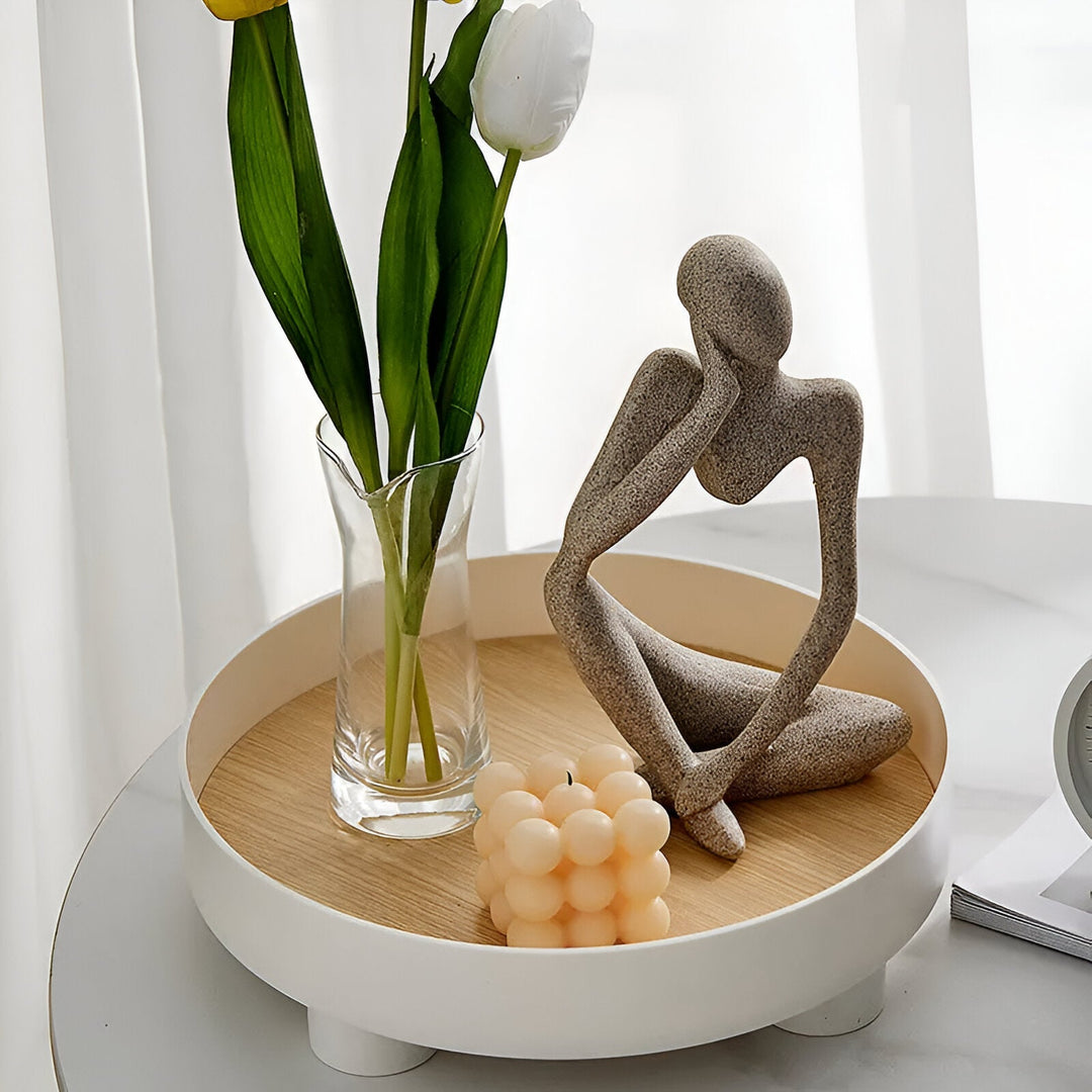 Stornfield | Round Serving Tray - Decorative Wooden Tray - White Ceramic Tray