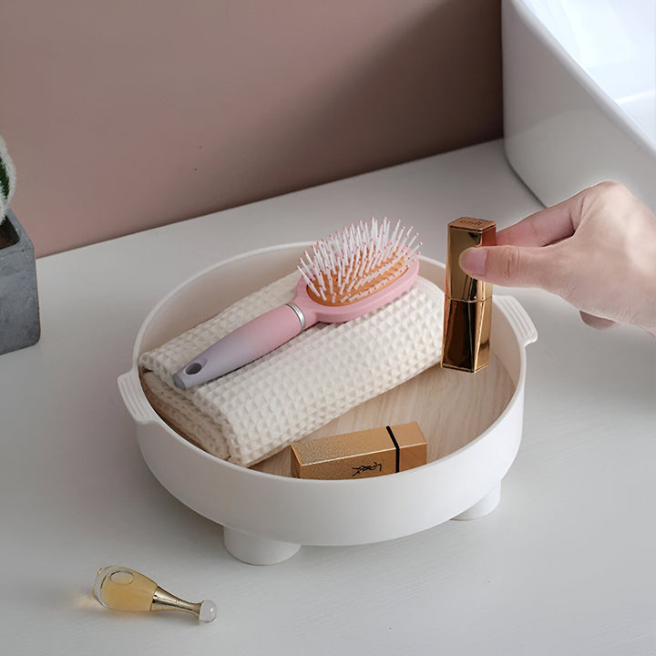 Stornfield | Round Serving Tray - Decorative Wooden Tray - White Ceramic Tray