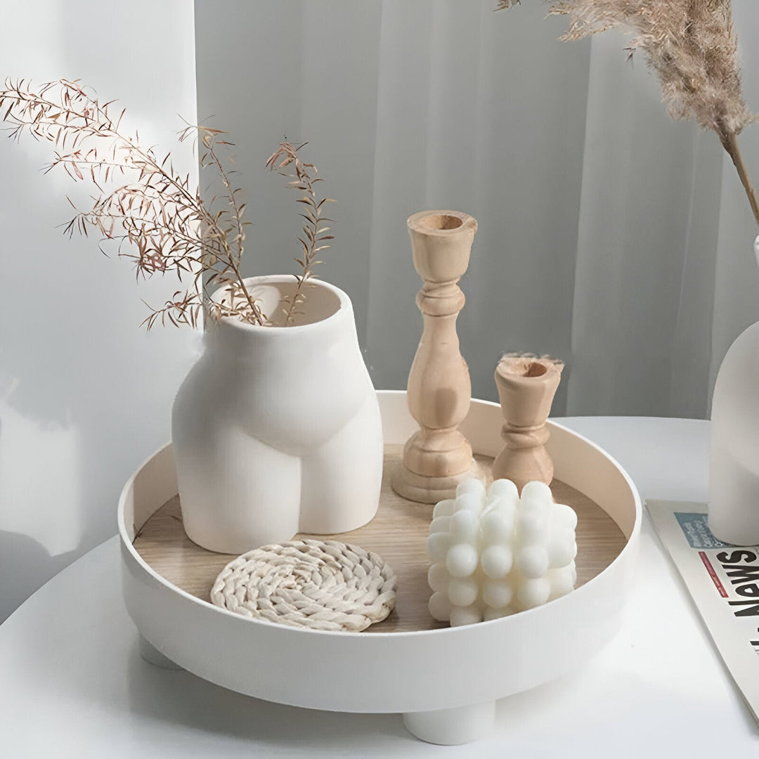 Stornfield | Round Serving Tray - Decorative Wooden Tray - White Ceramic Tray