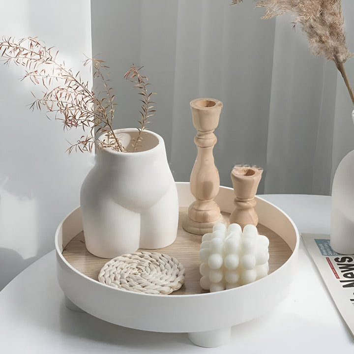 Stornfield | Round Serving Tray - Decorative Wooden Tray - White Ceramic Tray
