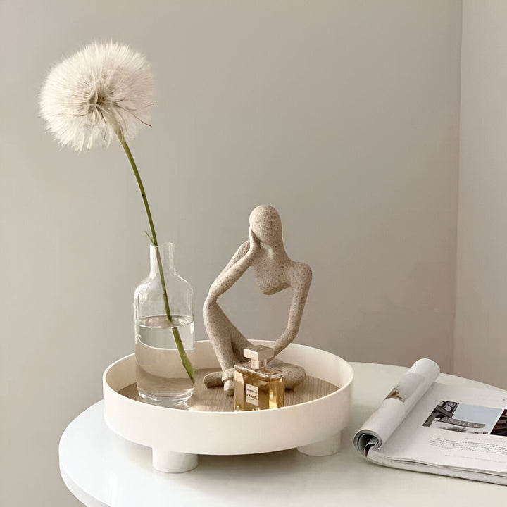 Stornfield | Round Serving Tray - Decorative Wooden Tray - White Ceramic Tray