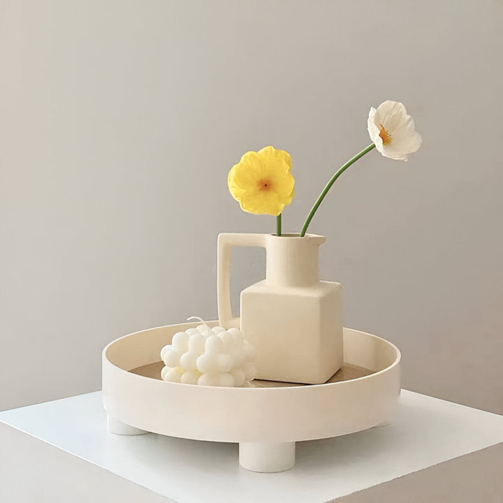 Stornfield | Round Serving Tray - Decorative Wooden Tray - White Ceramic Tray