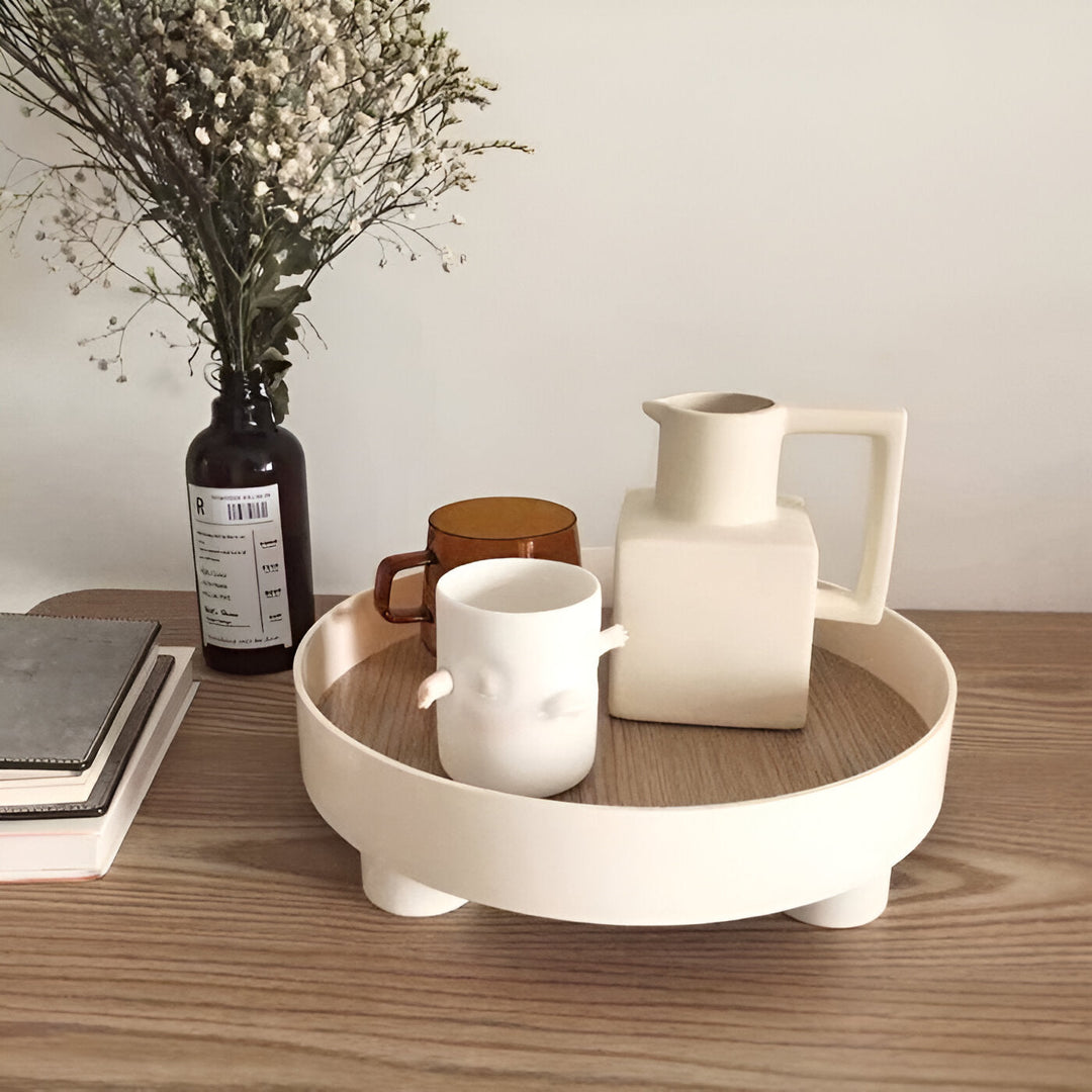 Stornfield | Round Serving Tray - Decorative Wooden Tray - White Ceramic Tray