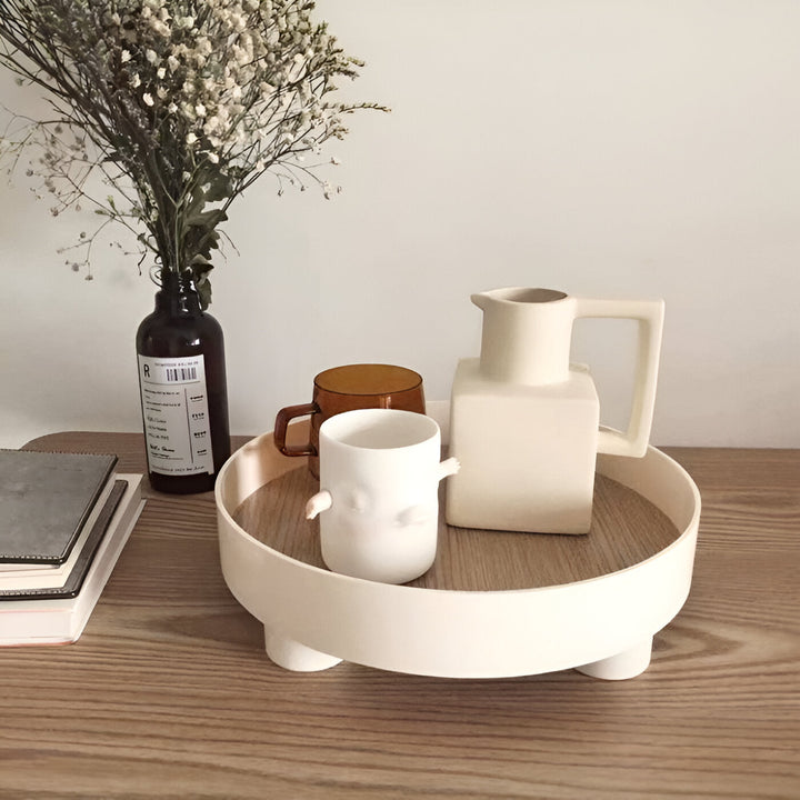 Stornfield | Round Serving Tray - Decorative Wooden Tray - White Ceramic Tray
