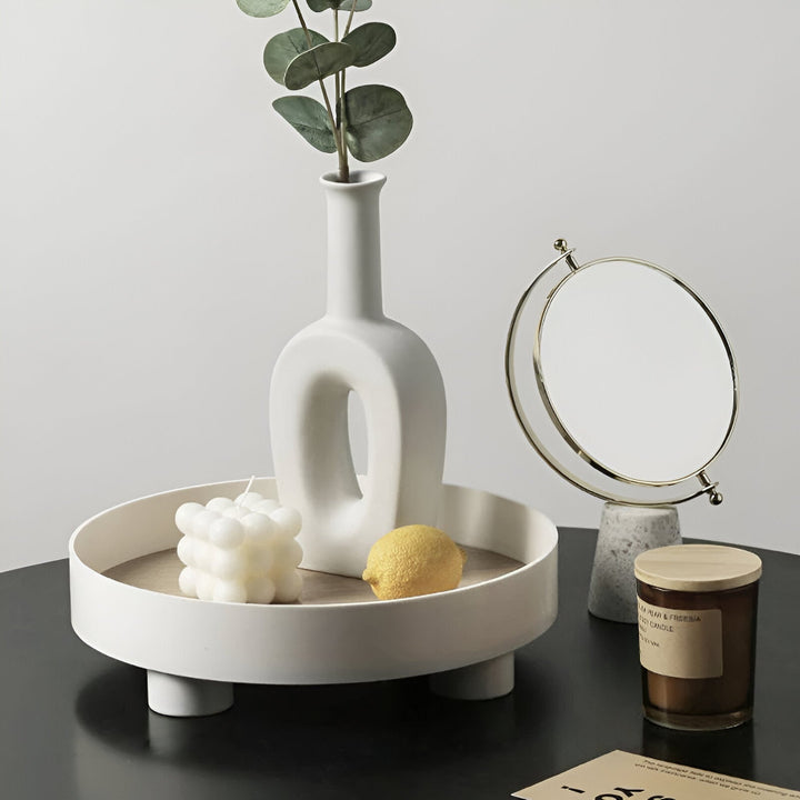 Stornfield | Round Serving Tray - Decorative Wooden Tray - White Ceramic Tray