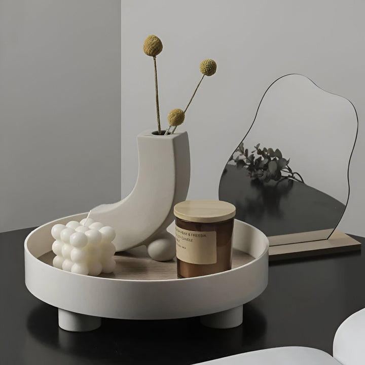 Stornfield | Round Serving Tray - Decorative Wooden Tray - White Ceramic Tray