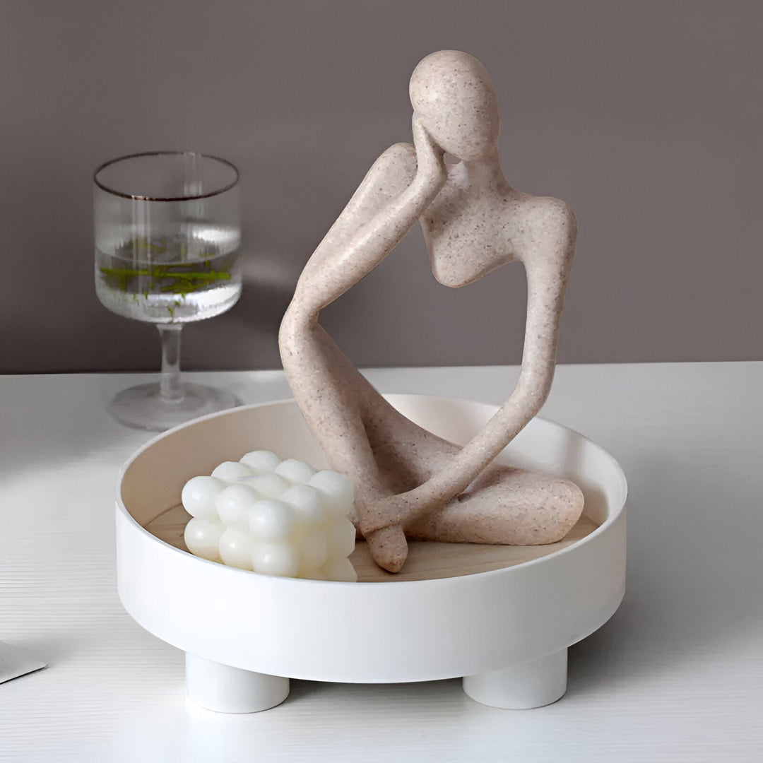 Stornfield | Round Serving Tray - Decorative Wooden Tray - White Ceramic Tray