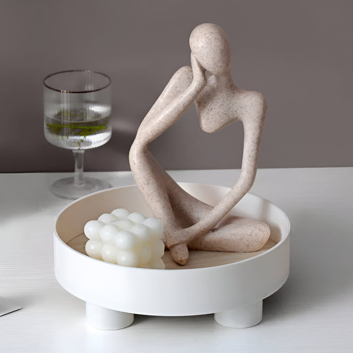 Stornfield | Round Serving Tray - Decorative Wooden Tray - White Ceramic Tray