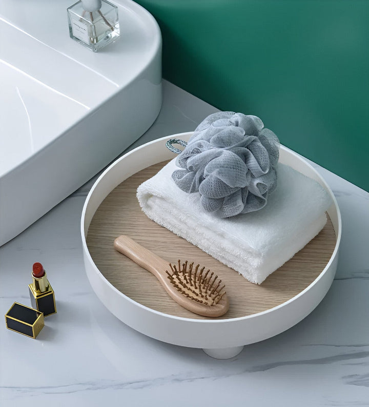 Stornfield | Round Serving Tray - Decorative Wooden Tray - White Ceramic Tray