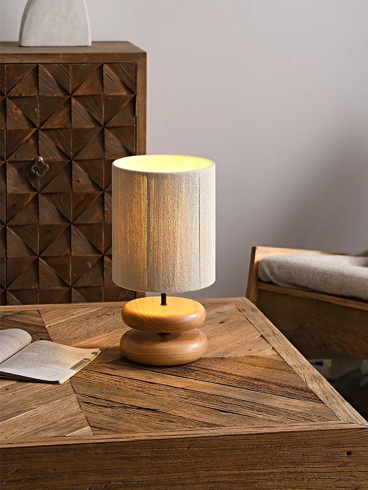 Rustic table lamp made of walnut wood with linen shade – Natural lighting for living room | Stornfield