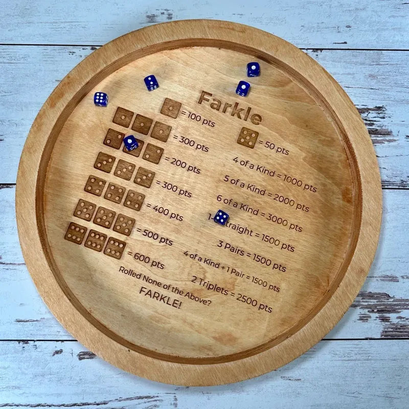 Stornfield | EcoToys FarkleWood | Wooden Farkle Dice Game Tray with Engraved Score Table - 6 Dice for Cozy Game Nights