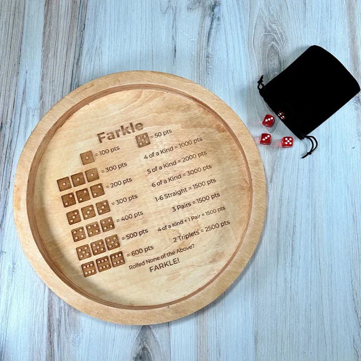 Stornfield | EcoToys FarkleWood | Wooden Farkle Dice Game Tray with Engraved Score Table - 6 Dice for Cozy Game Nights