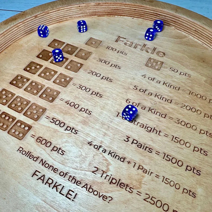 Stornfield | EcoToys FarkleWood | Wooden Farkle Dice Game Tray with Engraved Score Table - 6 Dice for Cozy Game Nights