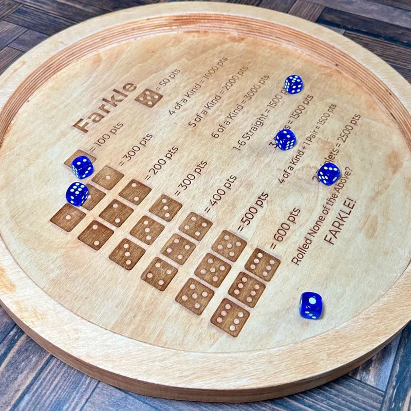 Stornfield | EcoToys FarkleWood | Wooden Farkle Dice Game Tray with Engraved Score Table - 6 Dice for Cozy Game Nights