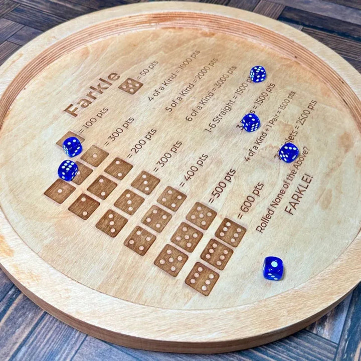 Stornfield | EcoToys FarkleWood | Wooden Farkle Dice Game Tray with Engraved Score Table - 6 Dice for Cozy Game Nights