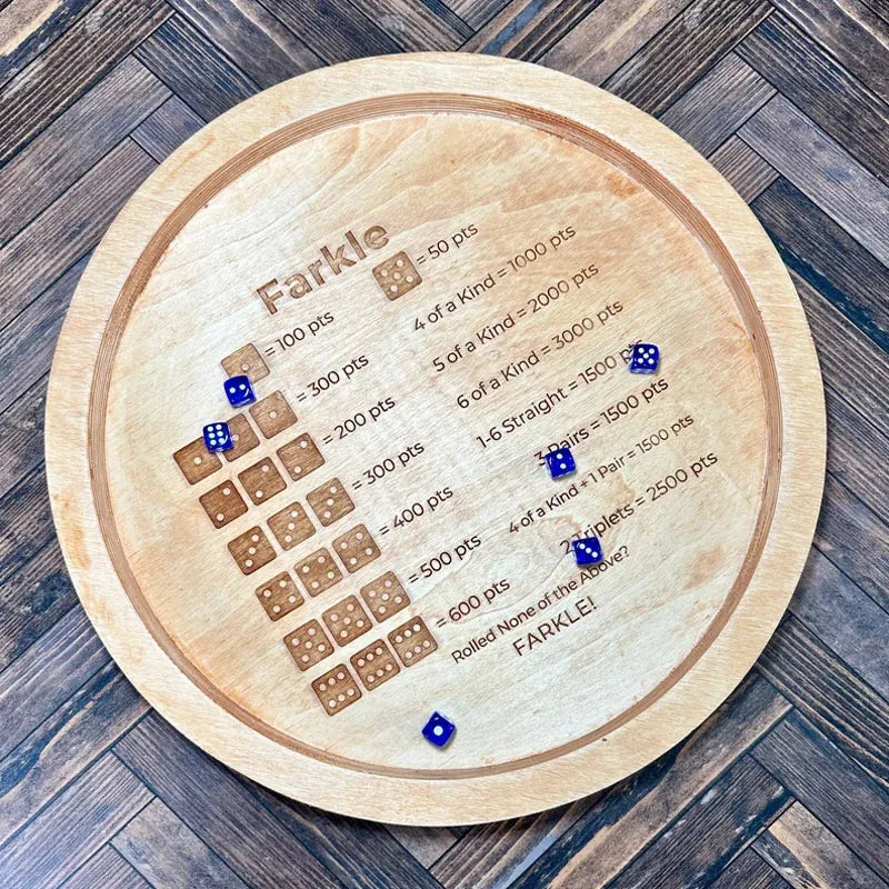 Stornfield | EcoToys FarkleWood | Wooden Farkle Dice Game Tray with Engraved Score Table - 6 Dice for Cozy Game Nights