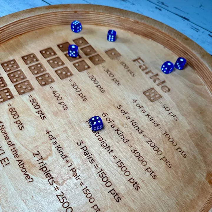 Stornfield | EcoToys FarkleWood | Wooden Farkle Dice Game Tray with Engraved Score Table - 6 Dice for Cozy Game Nights