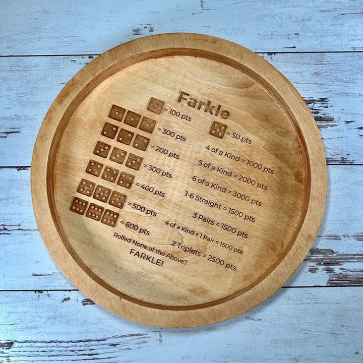Stornfield | EcoToys FarkleWood | Wooden Farkle Dice Game Tray with Engraved Score Table - 6 Dice for Cozy Game Nights
