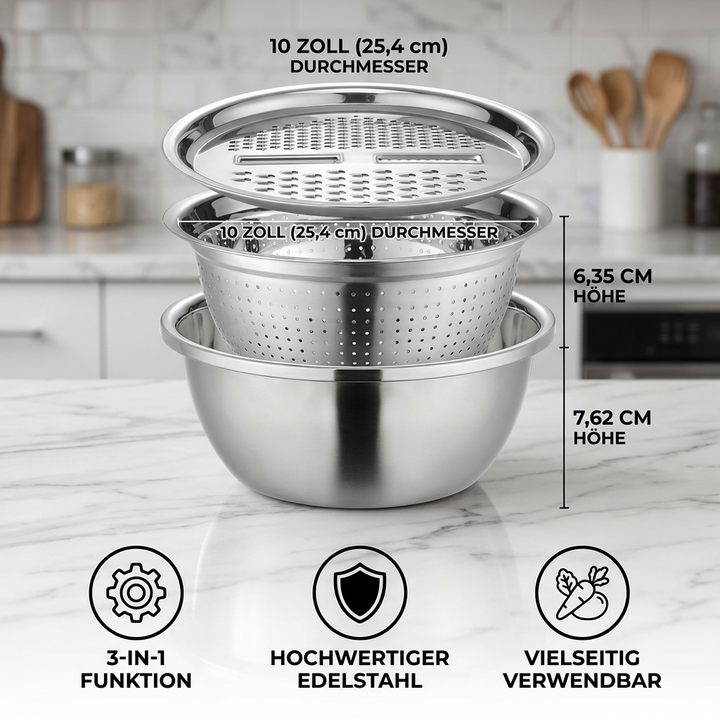 Vegetable cutter set with grater, sieve, and mixing bowl | Stornfield