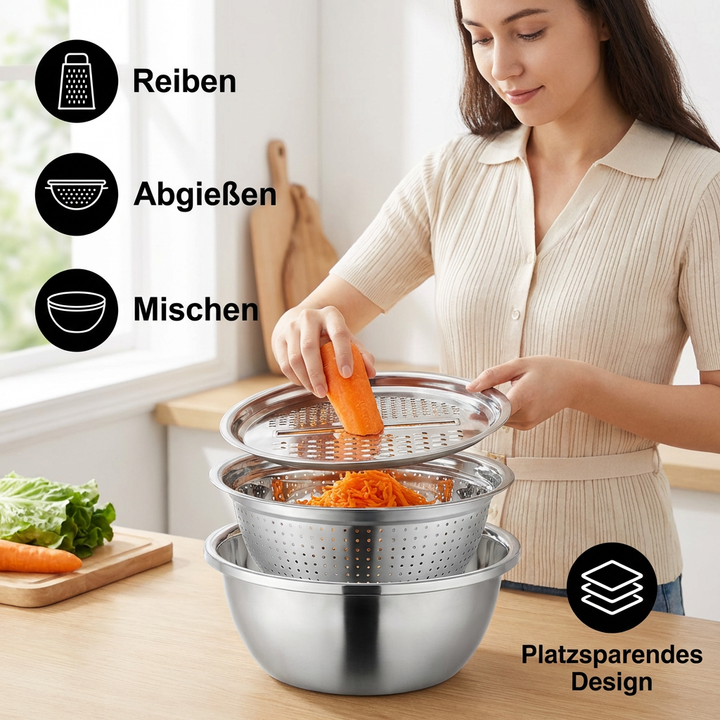Vegetable cutter set with grater, sieve, and mixing bowl | Stornfield