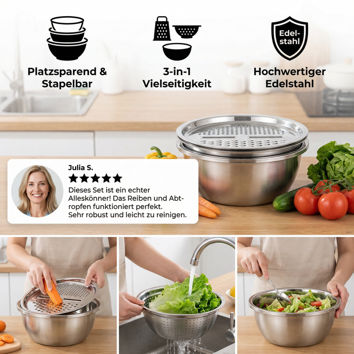 Vegetable cutter set with grater, sieve, and mixing bowl | Stornfield
