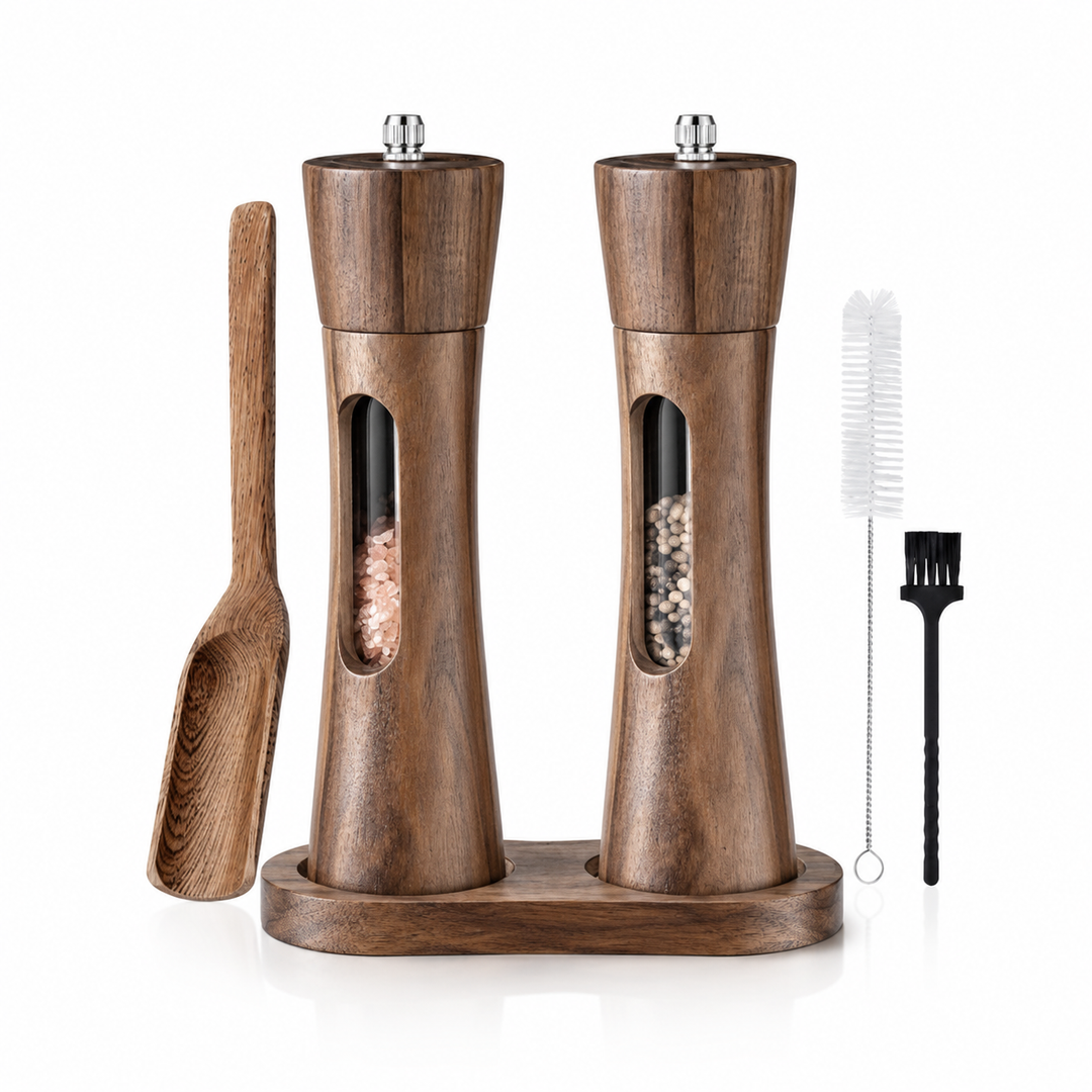 Manual salt and pepper mills – wood design with acrylic window | Set of 2 mills | Stornfield