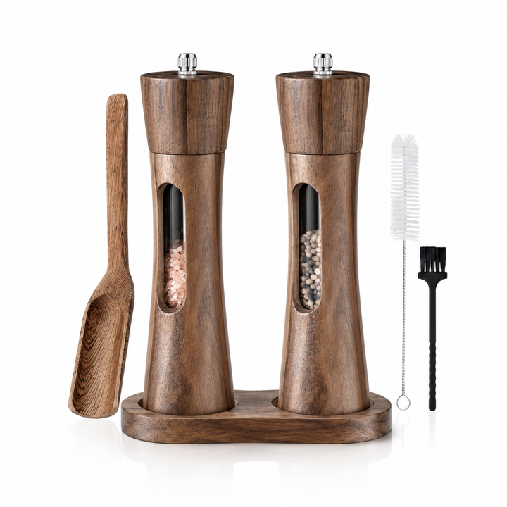 Manual salt and pepper mills – wood design with acrylic window | Set of 2 mills | Stornfield
