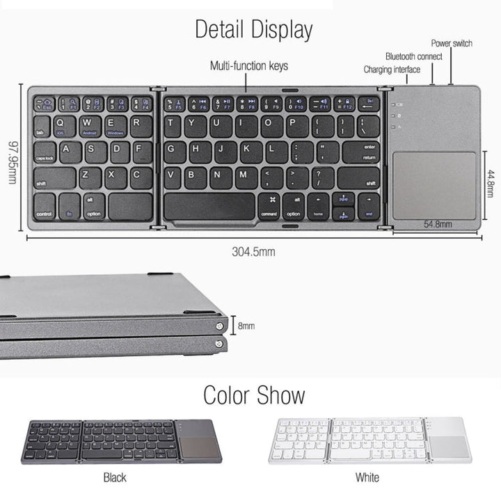 Stornfield | B033 Clavier sans fil Bluetooth rechargeable pliable 3 en 1 avec touchpad (Argent)