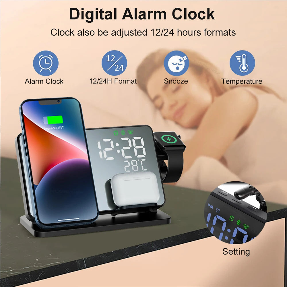 Stornfield | 3-in-1 Quick Charge Station | Premium Wireless Fast Charging Docking Station with Alarm Clock | for Apple iPhone, Watch & AirPods
