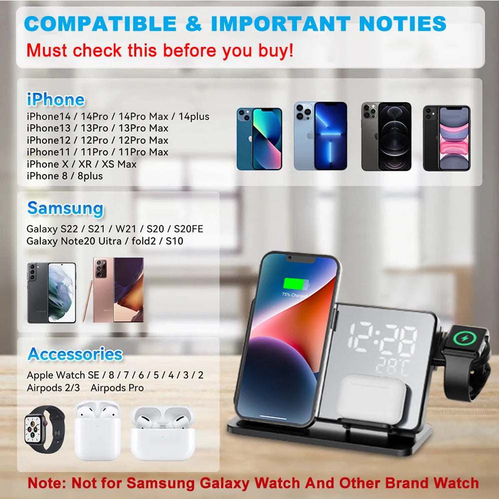 Stornfield | 3-in-1 Quick Charge Station | Premium Wireless Fast Charging Docking Station with Alarm Clock | for Apple iPhone, Watch & AirPods