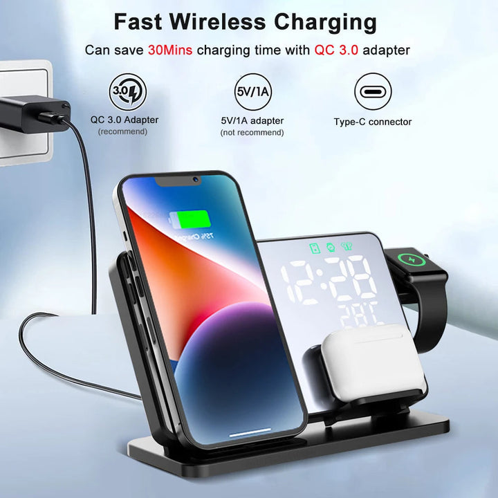 Stornfield | 3-in-1 Quick Charge Station | Premium Wireless Fast Charging Docking Station with Alarm Clock | for Apple iPhone, Watch & AirPods
