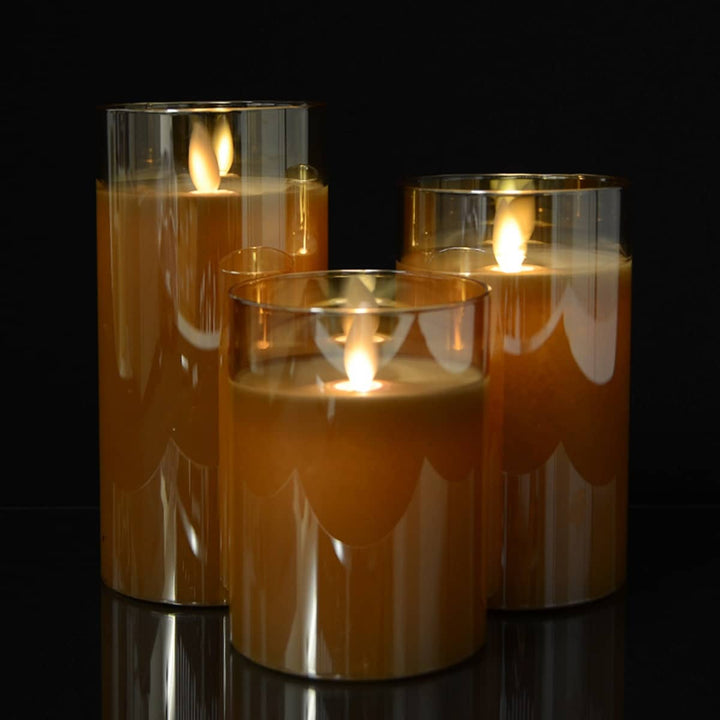 LED Candle in Glass with Moving Flame and Remote Control - Gold - 3 Pieces | Stornfield