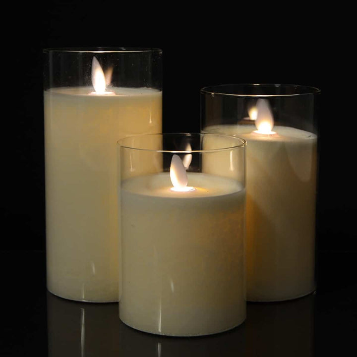 LED Candle in Glass with Moving Flame and Remote Control -White- 3 pieces. | Stornfield